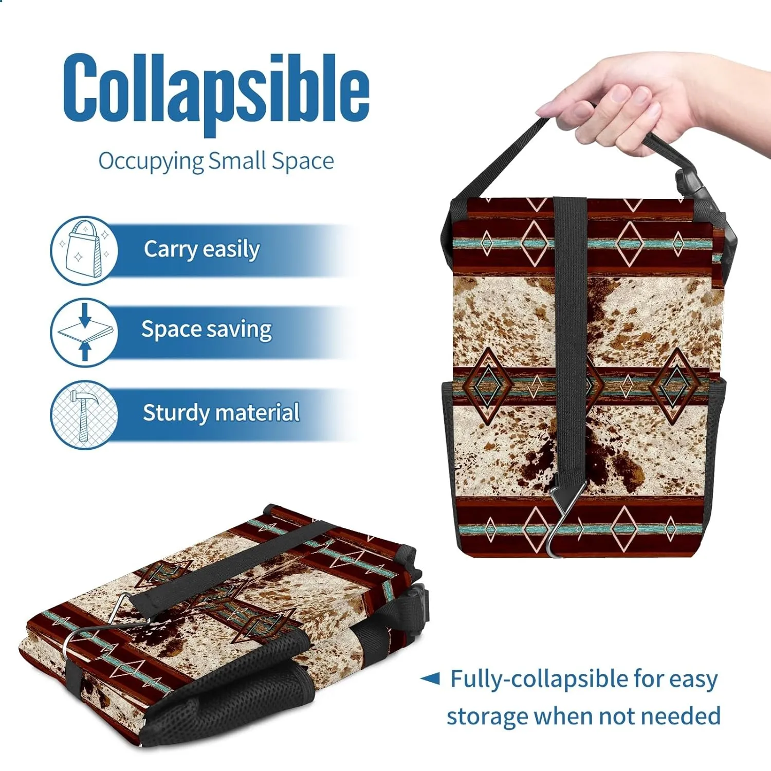 Car Trash Can with Lid Western Cowhide Aztec Collapsible Reusable Leak-Proof Auto Garage Bag,Hanging Vehicle Car Accessories Interior Car Organizer