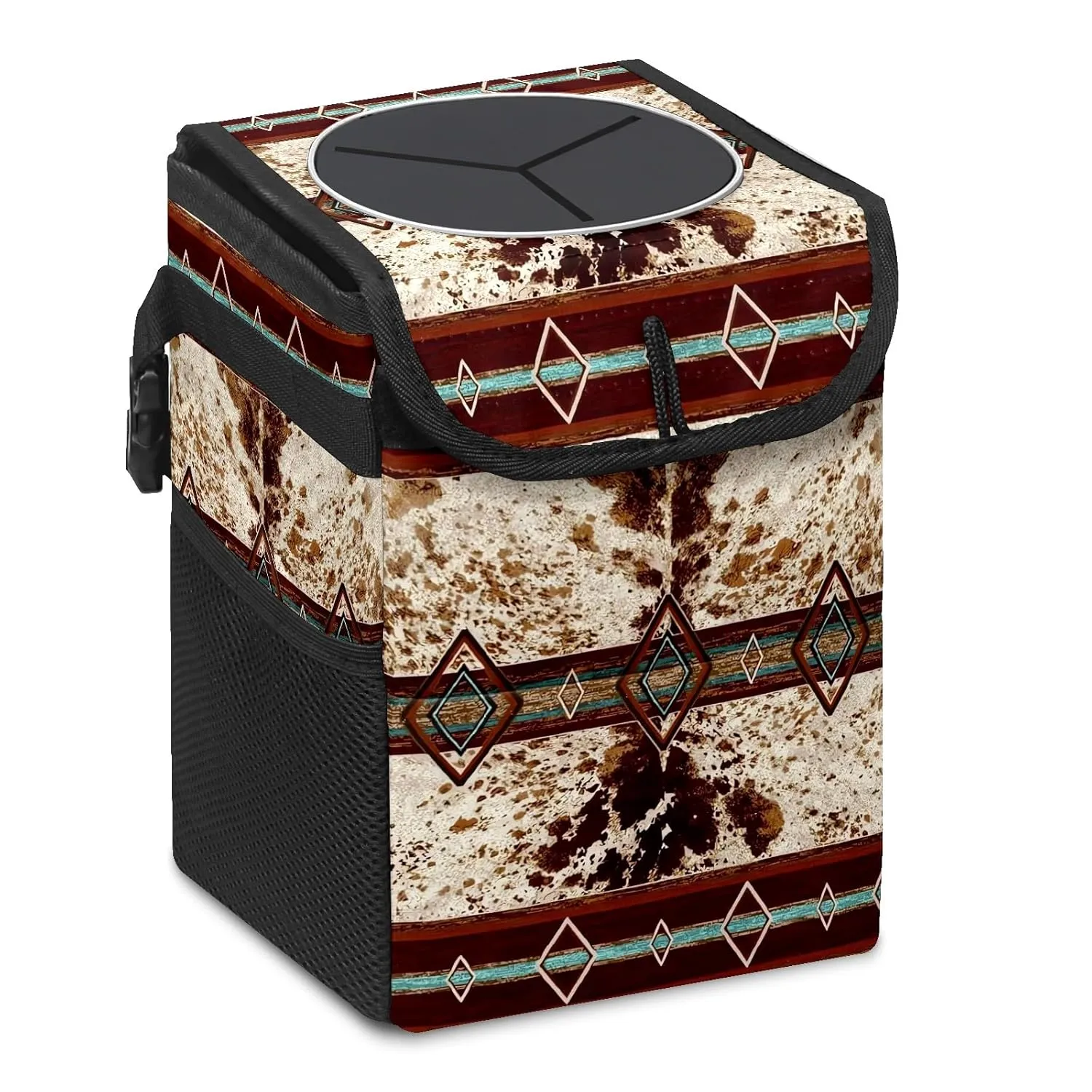 Car Trash Can with Lid Western Cowhide Aztec Collapsible Reusable Leak-Proof Auto Garage Bag,Hanging Vehicle Car Accessories Interior Car Organizer