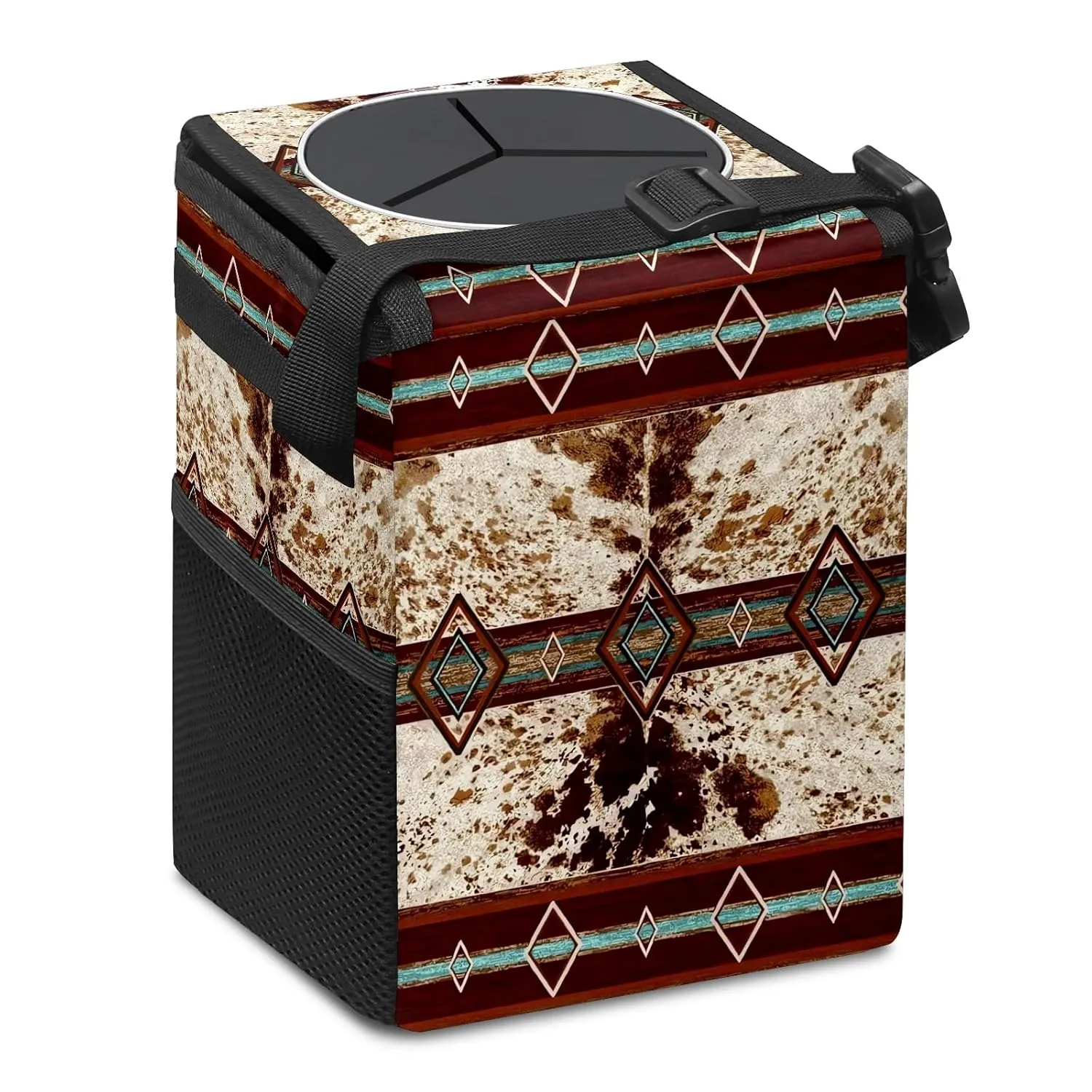 Car Trash Can with Lid Western Cowhide Aztec Collapsible Reusable Leak-Proof Auto Garage Bag,Hanging Vehicle Car Accessories Interior Car Organizer