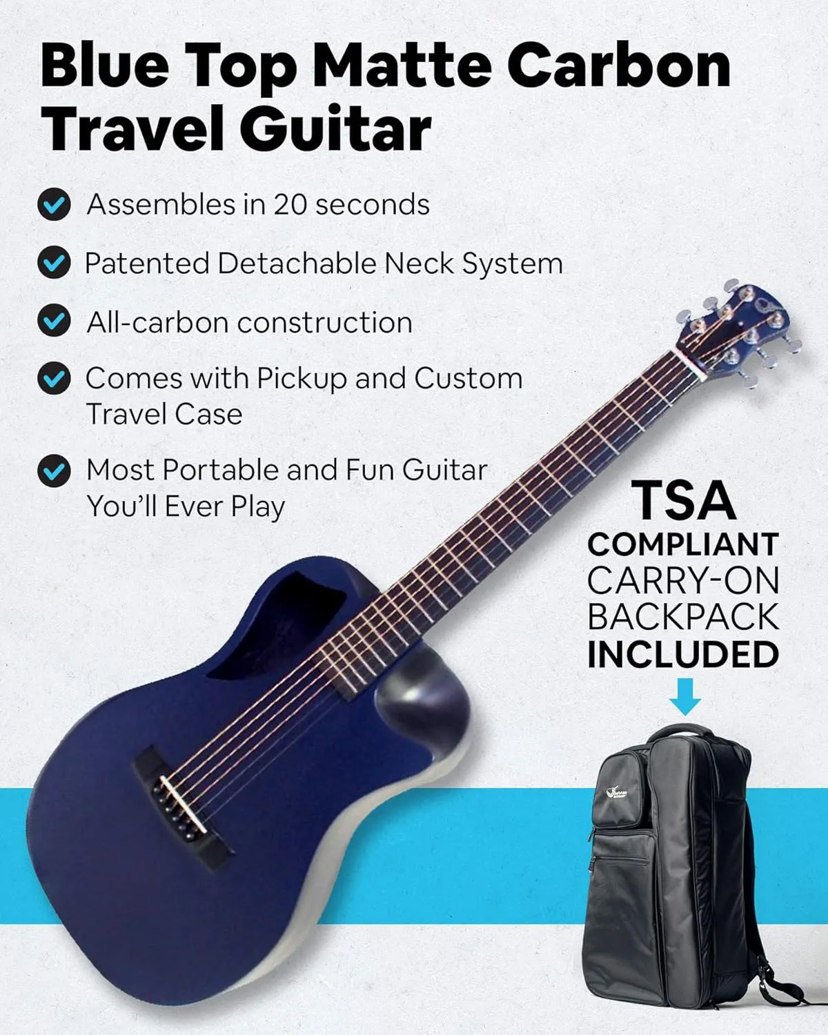 Carbon Fiber Travel Guitar – OF660B1M Traveling Acoustic Guitar with Collapsible Patented System – Portable Backpack Case (Navy Blue Matte)