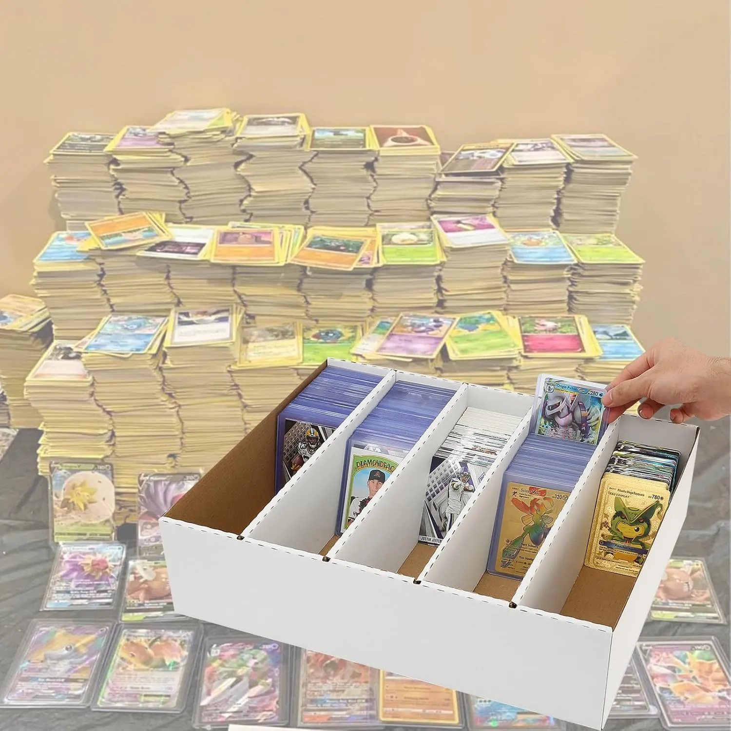 Card Storage Box, card boxes for sports cards 3900-12000 Count with dividers & labels for TCG/Magic/Mtg storage and Collection (5 Row-3 pack)
