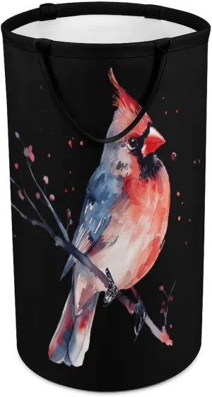 Cardinal Songbird Watercolor Large Laundry Basket Hamper Collapsible Tall Washing Bin Storage Bag with Handles for Bathroom Dorm