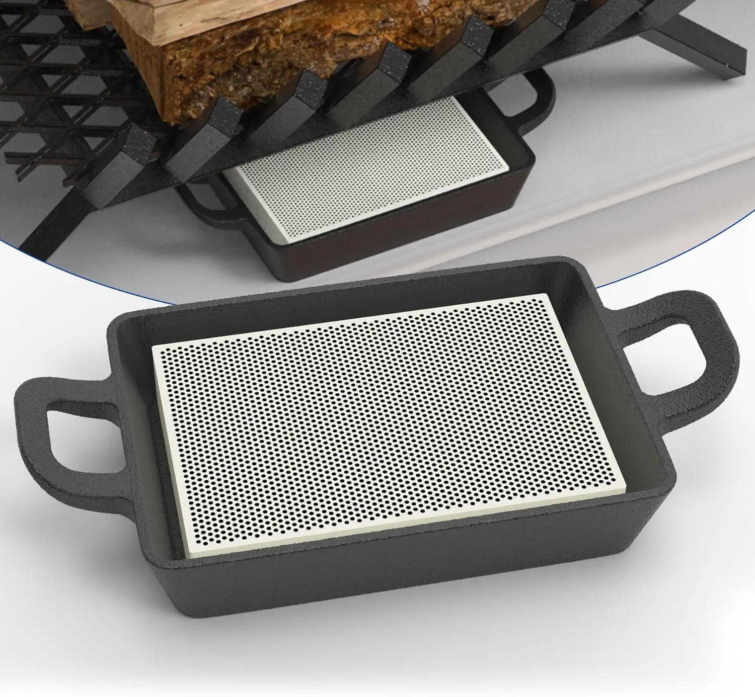Cast Iron Firestarter Tray, Heavy Duty Cast Iron Pan with Porous Ceramic Stone for Firestarting & Fire Lasting, Fire Starter Tray for Fireplace Grates, Fire Pits, Grills, Wood Stoves