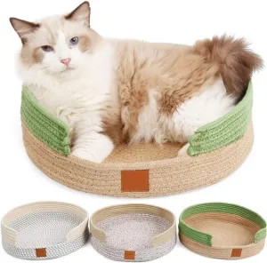 Cat Bed Basket Nest Round Hand Knitting Cat Bed Cotton Rope Scratcher Scratching Mat Pad Summer Kitten Cat Sleeping Bed Resting Cute House Washable Foldable for Puppy Small Pets Indoor
