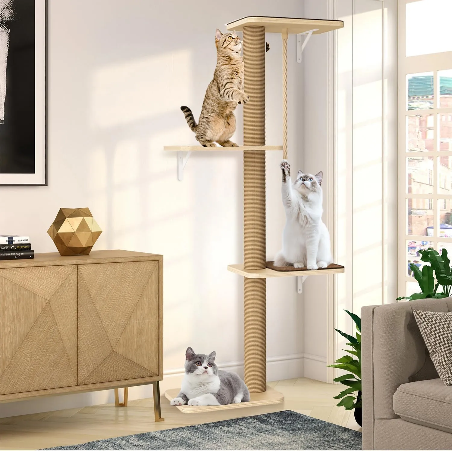 Cat Tree Wall Mounted 4 Tier at Climbing Wall Shelves with Scratcher Post for Indoor Cats Activity, Large Cat Wall Furniture with Cat Pads and Rope