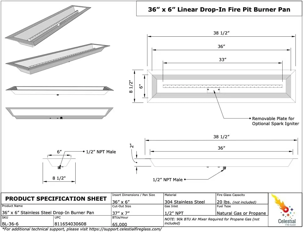 Celestial 36" x 6" Commercial Grade Linear Drop-in Fire Pit Pan w/Burner, 16 Gauge Stainless Steel, 65,000 BTU, Beveled Lip for Extra Strength, Natural Gas or Propane, for DIY Outdoor Gas Fire Pits