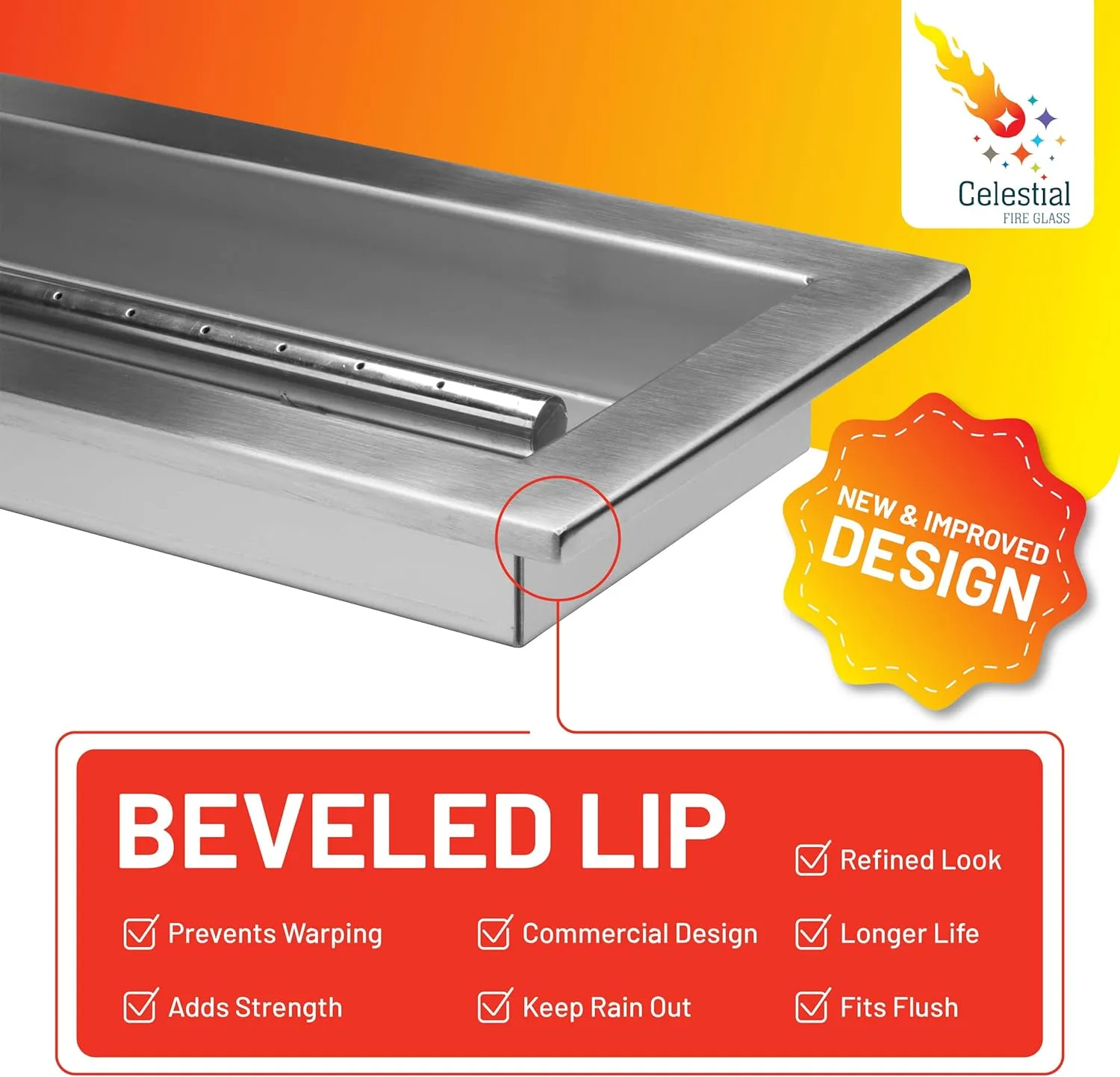 Celestial 36" x 6" Commercial Grade Linear Drop-in Fire Pit Pan w/Burner, 16 Gauge Stainless Steel, 65,000 BTU, Beveled Lip for Extra Strength, Natural Gas or Propane, for DIY Outdoor Gas Fire Pits