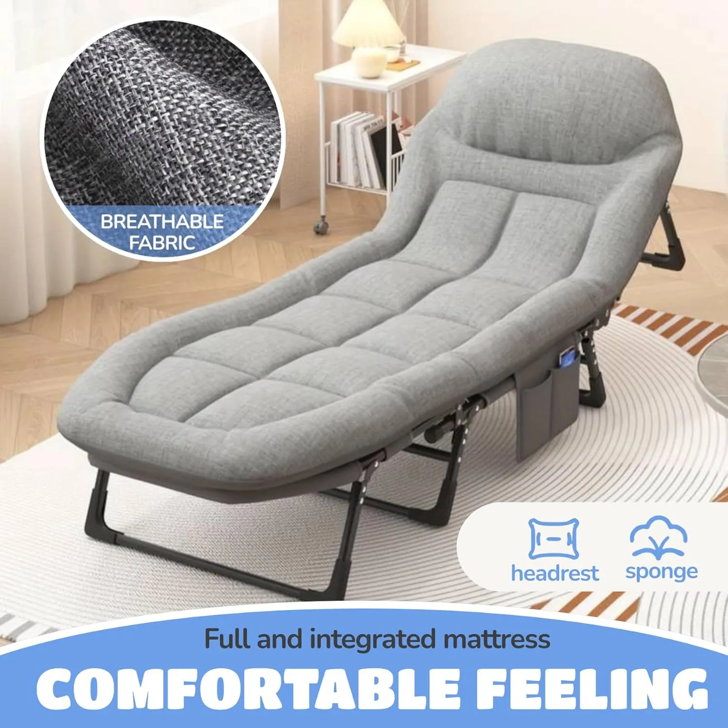 Chaise Lounge Chair, Folding Cot, 6-Angle Adjustable Camping Cot with Mattress for Patio and Beach, Foldable Bed Portable Heavy Duty Lay Flat Reclining with Pillow (Gray, L - 75'')