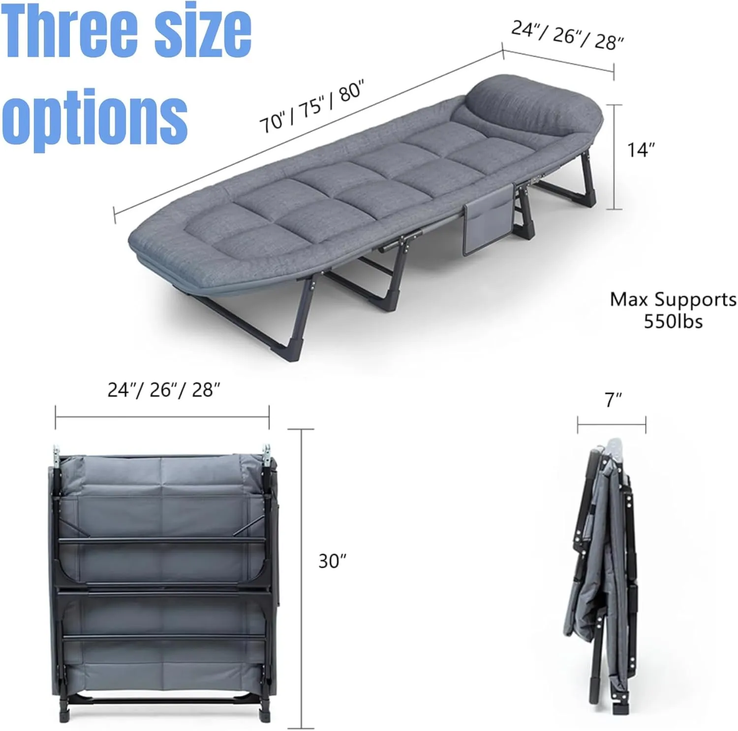 Chaise Lounge Chair, Folding Cot, 6-Angle Adjustable Camping Cot with Mattress for Patio and Beach, Foldable Bed Portable Heavy Duty Lay Flat Reclining with Pillow (Gray, L - 75'')