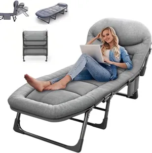 Chaise Lounge Chair, Folding Cot, 6-Angle Adjustable Camping Cot with Mattress for Patio and Beach, Foldable Bed Portable Heavy Duty Lay Flat Reclining with Pillow (Gray, L - 75'')