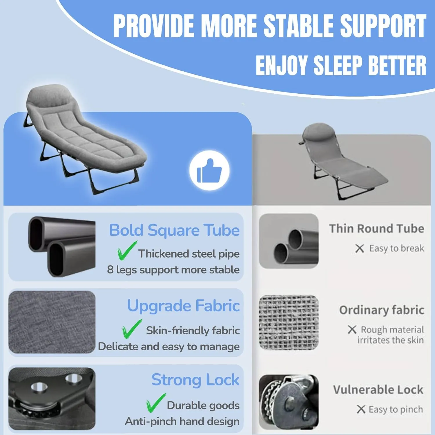 Chaise Lounge Chair, Folding Cot, 6-Angle Adjustable Camping Cot with Mattress for Patio and Beach, Foldable Bed Portable Heavy Duty Lay Flat Reclining with Pillow (Gray, L - 75'')