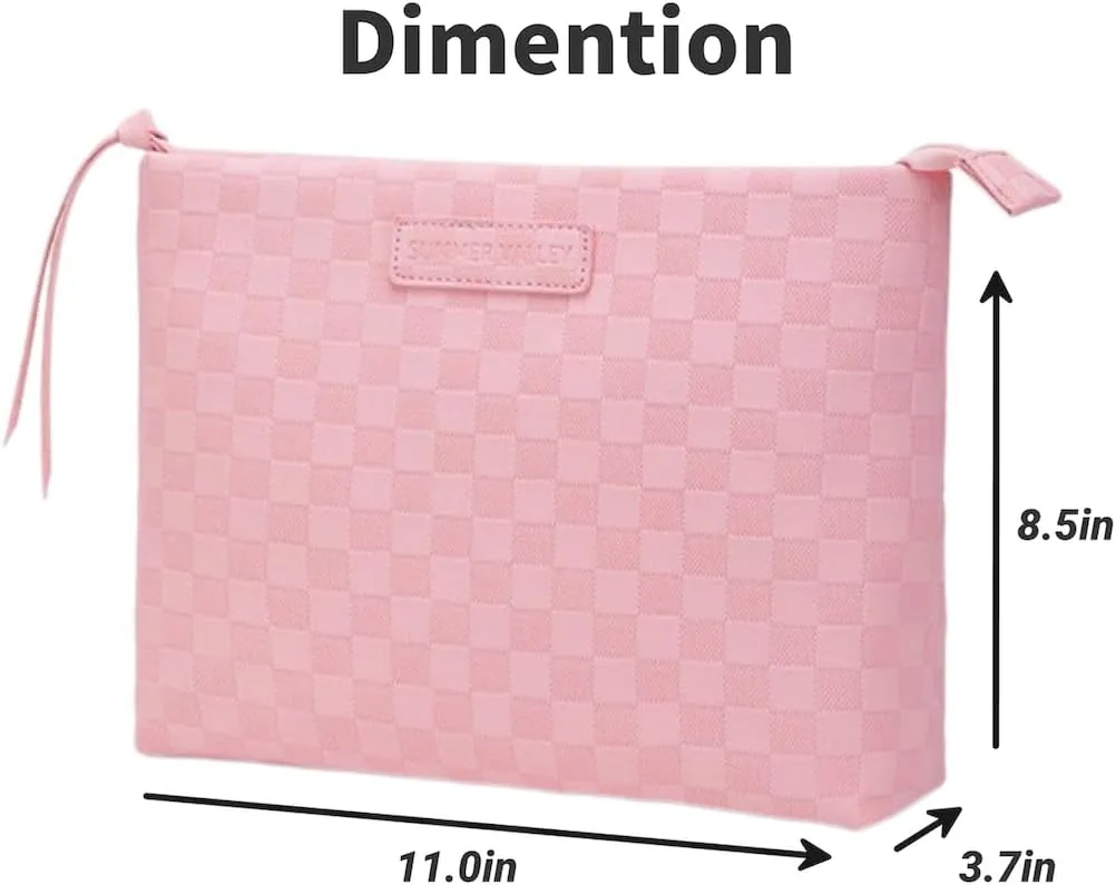 Checkered Makeup Bag Large Capacity Makeup Pouch Travel Cosmetic Bag for Women Cosmetics Skincare Care Organizer with Compartments (Pink Checkered)