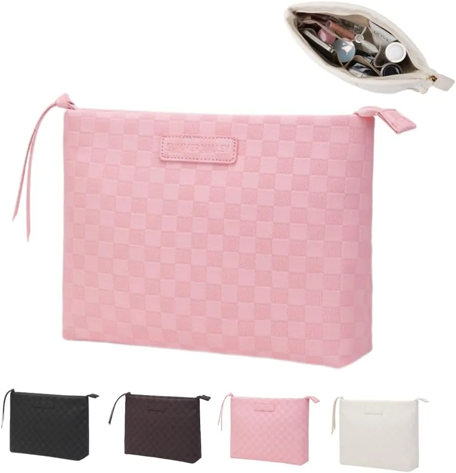 Checkered Makeup Bag Large Capacity Makeup Pouch Travel Cosmetic Bag for Women Cosmetics Skincare Care Organizer with Compartments (Pink Checkered)