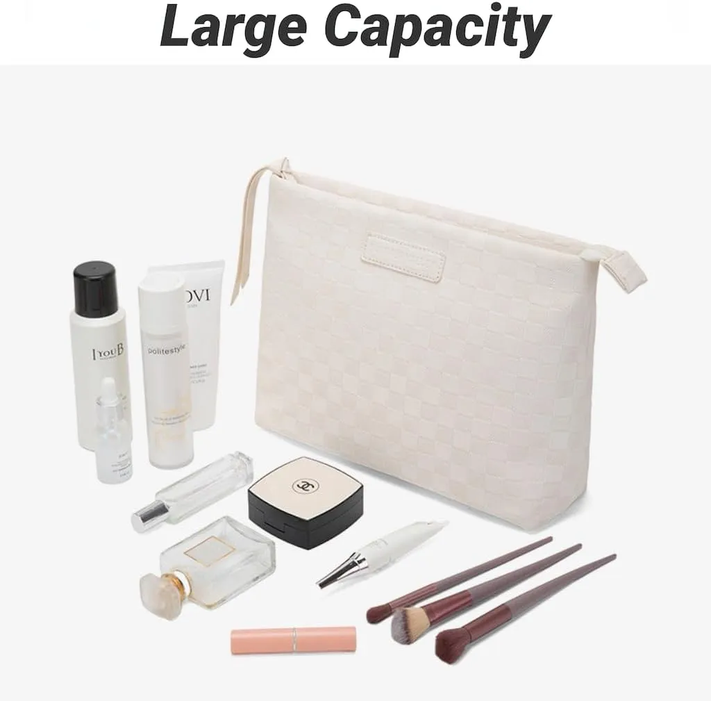 Checkered Makeup Bag Large Capacity Makeup Pouch Travel Cosmetic Bag for Women Cosmetics Skincare Care Organizer with Compartments (Pink Checkered)