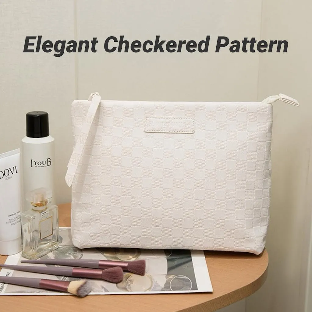 Checkered Makeup Bag Large Capacity Makeup Pouch Travel Cosmetic Bag for Women Cosmetics Skincare Care Organizer with Compartments (Pink Checkered)