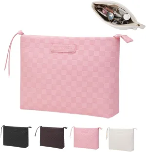 Checkered Makeup Bag Large Capacity Makeup Pouch Travel Cosmetic Bag for Women Cosmetics Skincare Care Organizer with Compartments (Pink Checkered)