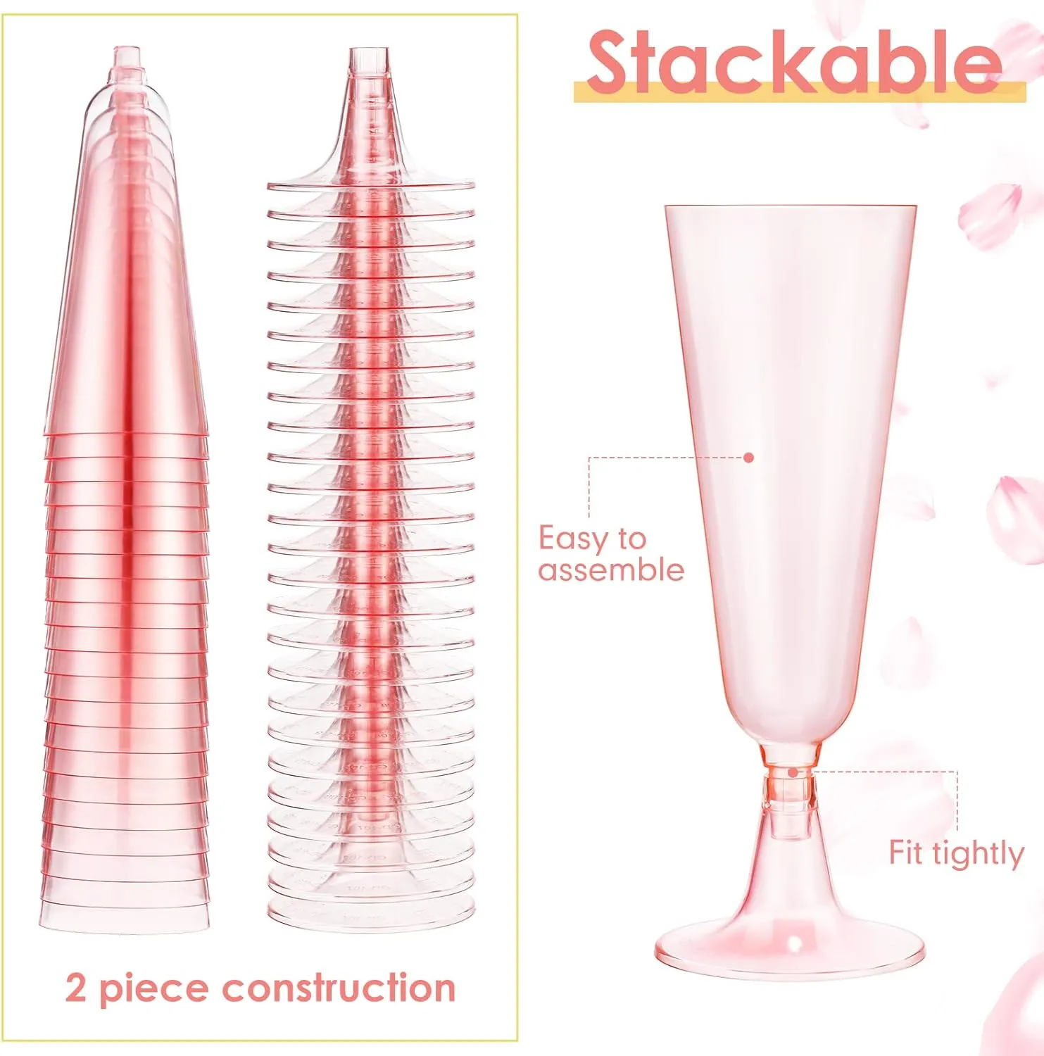 CHENGU 150 Pcs Champagne Flutes 5 Oz Plastic Disposable Champagne Flutes Crystal Wine Glasses Reusable Plastic Cocktail Cups for Wedding Celebration Birthday Party Toasting Drinking(Pink)
