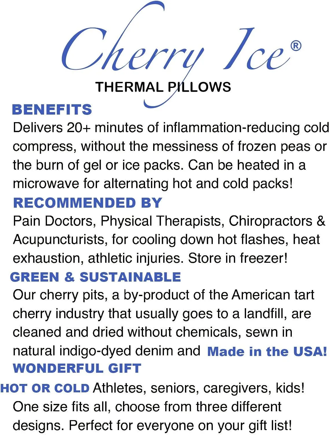 Cherry Ice Hot/Cold Therapy Square Pillow Blue Denim in Freezer Bag, Hot Cherry Pit for First Aid, Joint Relief, Hot Flashes, Reduces Inflammation/Body Temp, Freezable-Microwavable-Washable FSA/FHA
