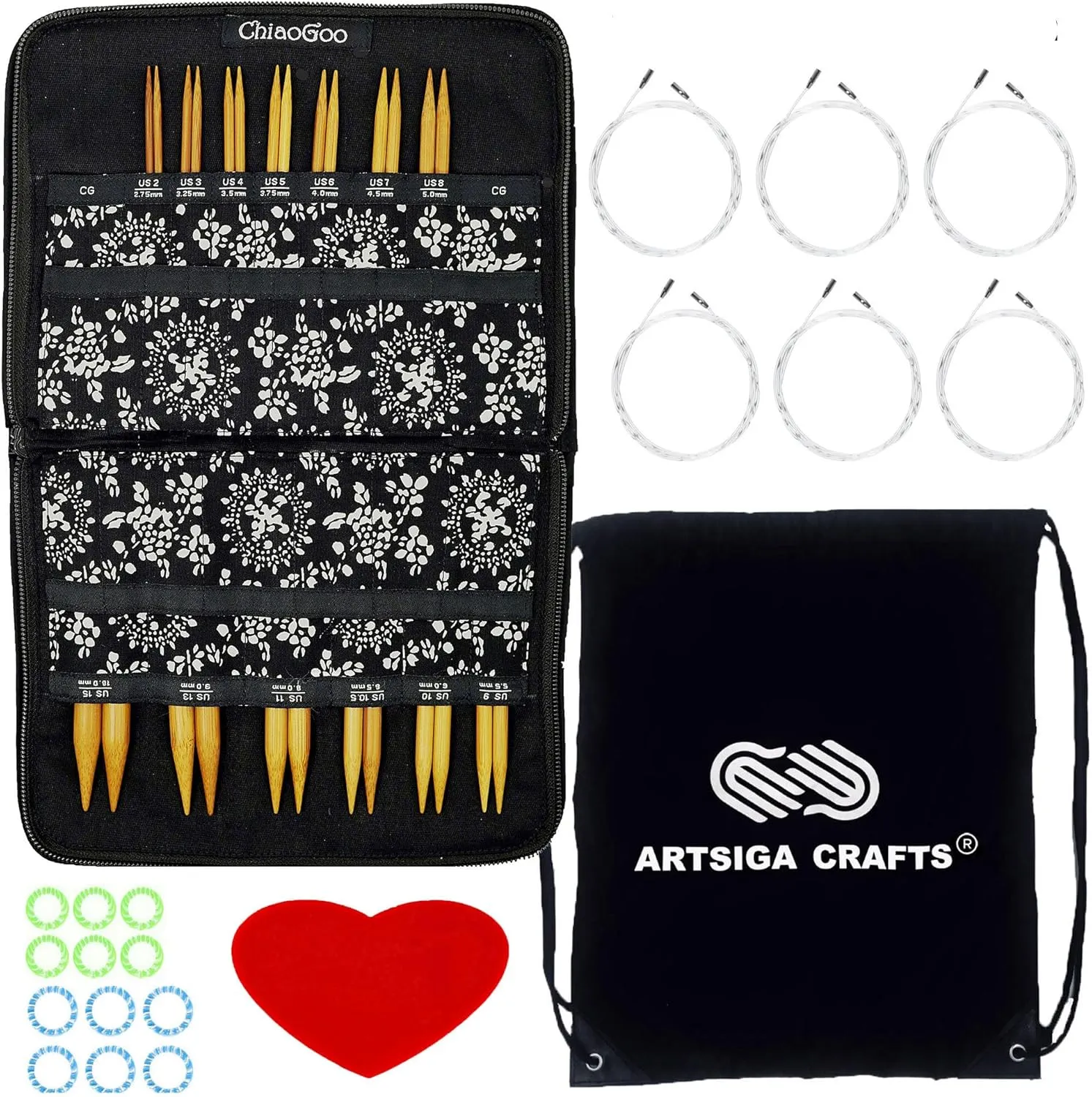 ChiaoGoo Spin Bamboo 4-Inch Complete 2400-C Interchangeable Circular Knitting Needle Set, Sizes US 2, 3, 4, 5, 6, 7, 8, 9, 10, 10.5, 11, 13, 15 with 6 Cords with Project Bag