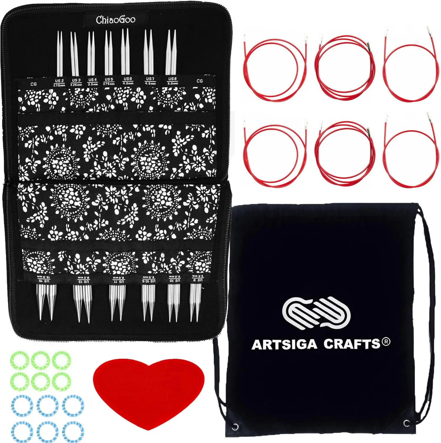 ChiaoGoo Twist Red Lace 5-Inch Complete 7500-C Interchangeable Circular Knitting Needle Set, Sizes US 2, 3, 4, 5, 6, 7, 8, 9, 10, 10.5, 11, 13, 15 with 6 Cords with Project Bag