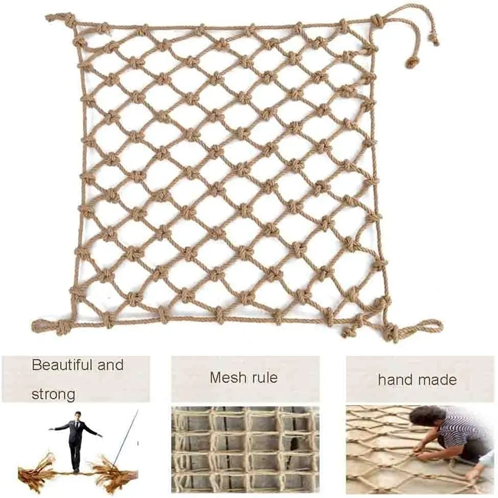 Child Safety Net Netting Heavy Duty Pond 1 * 3M Natural Thick Jute String Hemp Rope Decorations Nets Plant Climbing Decorative Netting(10mm-10cm,3x5m(9.84X16.4ft))
