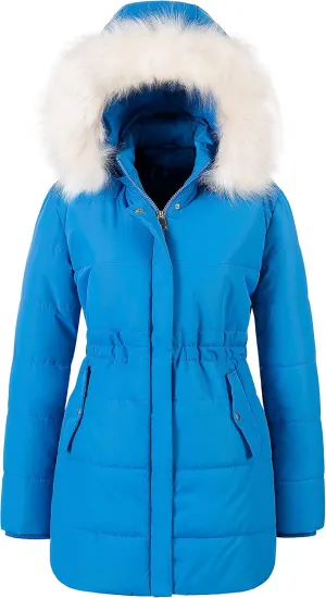 Chrisuno Women's Winter Warm Coats Puffer Jacket Long Drawstring Waterproof Snow Parka With Removable Faux Fur Trim Hood