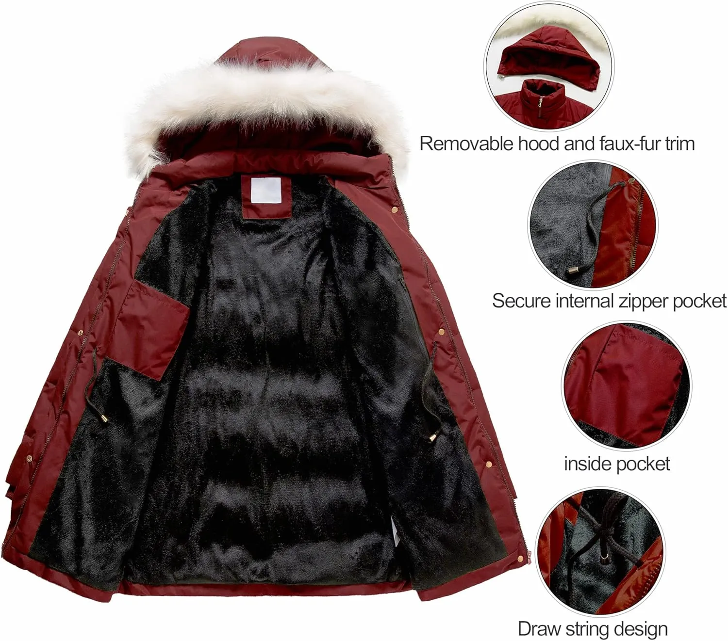 Chrisuno Women's Winter Warm Coats Puffer Jacket Long Drawstring Waterproof Snow Parka With Removable Faux Fur Trim Hood