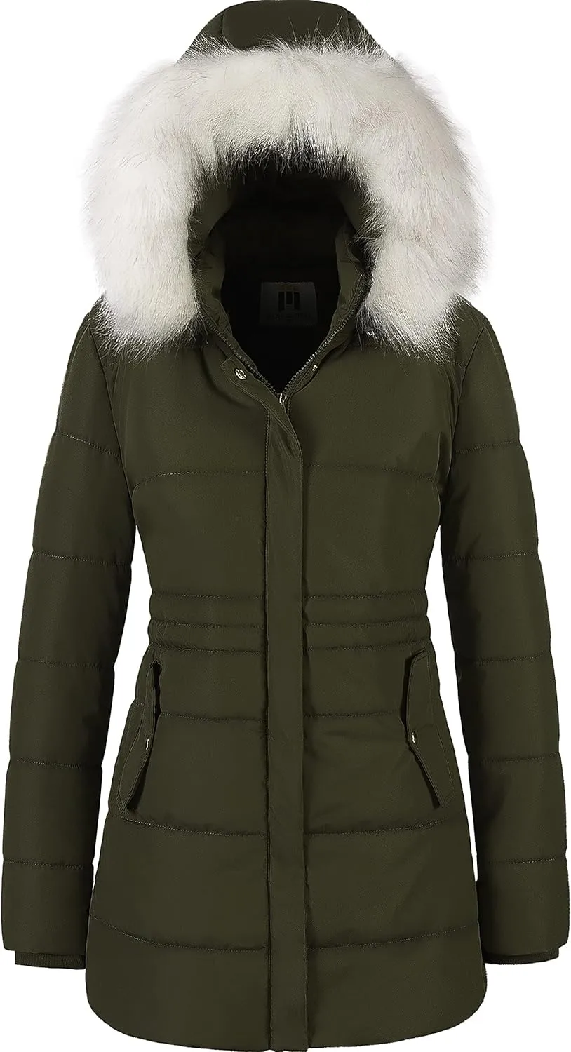 Chrisuno Women's Winter Warm Coats Puffer Jacket Long Drawstring Waterproof Snow Parka With Removable Faux Fur Trim Hood