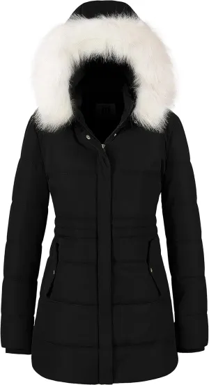Chrisuno Women's Winter Warm Coats Puffer Jacket Long Drawstring Waterproof Snow Parka With Removable Faux Fur Trim Hood