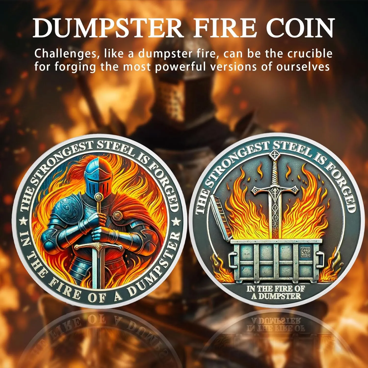 CHURYUML 5Pcs The Strongest Steel Dumpster Fire Coin Set Knight Motivational Medallions for Staff Appreciation Gifts Funny Office Gifts for Colleagues Humorous Office Decor Encouragement Gifts