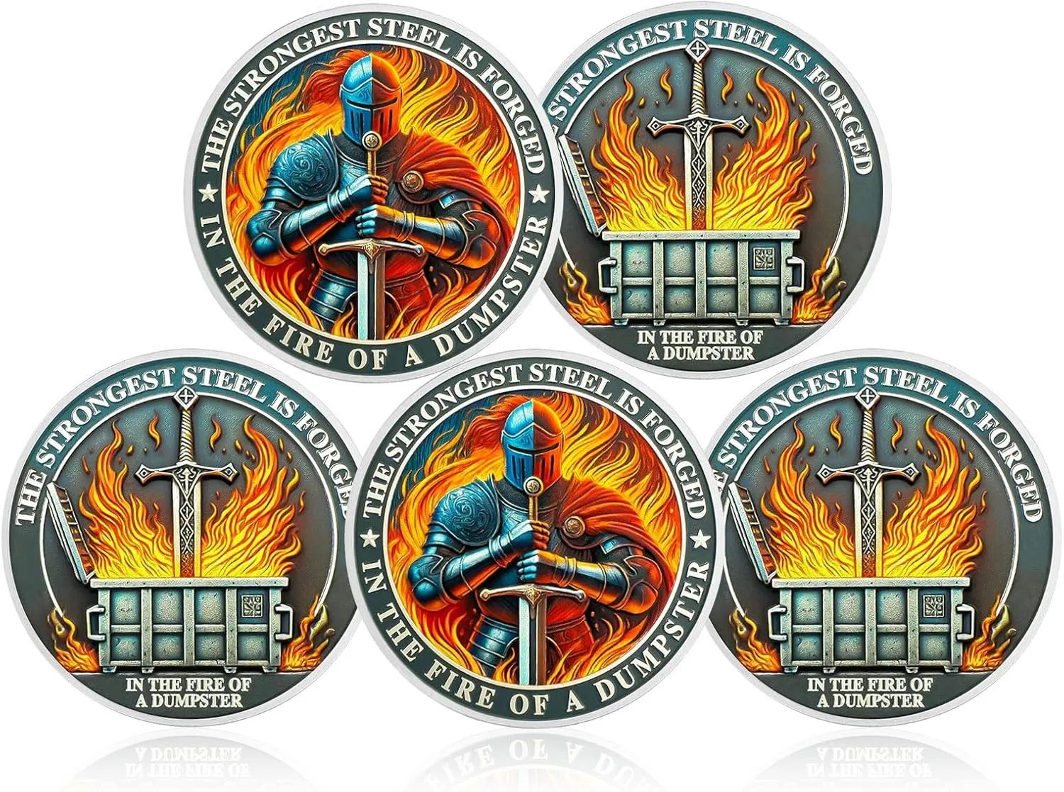 CHURYUML 5Pcs The Strongest Steel Dumpster Fire Coin Set Knight Motivational Medallions for Staff Appreciation Gifts Funny Office Gifts for Colleagues Humorous Office Decor Encouragement Gifts