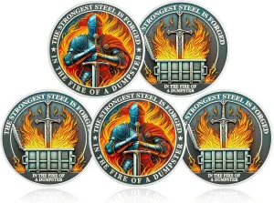 CHURYUML 5Pcs The Strongest Steel Dumpster Fire Coin Set Knight Motivational Medallions for Staff Appreciation Gifts Funny Office Gifts for Colleagues Humorous Office Decor Encouragement Gifts