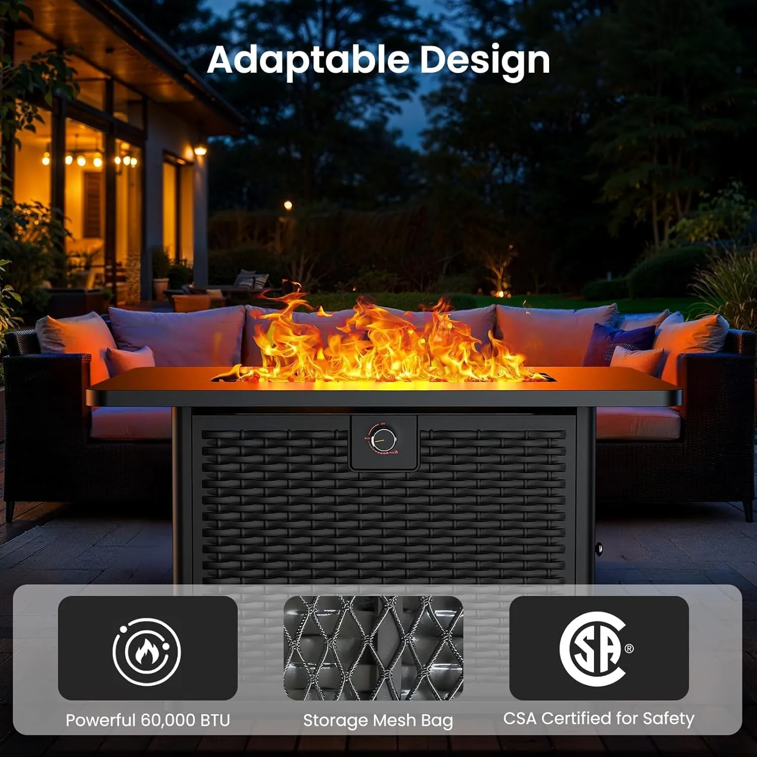 Ciays 43-Inch Rectangular Propane Fire Pit with 60,000 BTU Output, Gas with Cover and Rocks, Table CSA-Certified 2 in 1Table Gatherings Parties with 304 Stainless Steel H-Burner