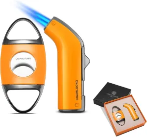 CIGARLOONG Cigar Cutter and Lighter Set Double Blade Classic Cigar Guillotine and Refillable Lighter(Color:Yellow)