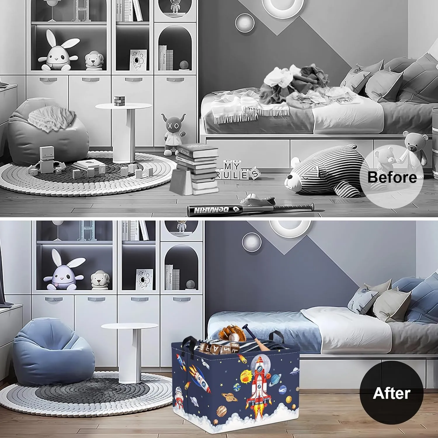 Clastyle 36L Space Rocket Launch Boy Toy Storage Basket Blue Planets Clothes Laundry Hamper for Baby Nursery Room
