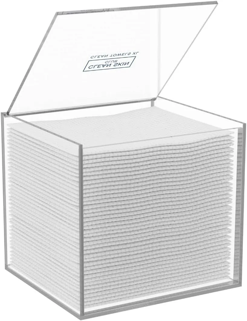 CLEAN SKIN CLUB Clear Acrylic Box for Clean Towels XL (NOT Included), Container For 50 Disposable Clean Towels XL, Face Towelettes Bathroom Counter Storage, Stone Bin for Cleansing Facial Dry Wipes