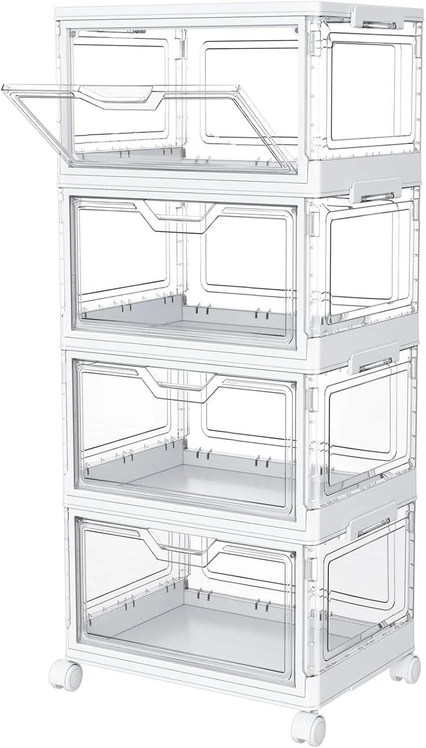 Clear Storage Bins with Lids,4 Tier Plastic Bins with Wheels,Stackable Storage Bin,Closet Organizers Box for Bedroom,Living Room,Toy,23 QT Folding Box with Magnetic door