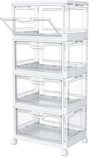 Clear Storage Bins with Lids,4 Tier Plastic Bins with Wheels,Stackable Storage Bin,Closet Organizers Box for Bedroom,Living Room,Toy,23 QT Folding Box with Magnetic door