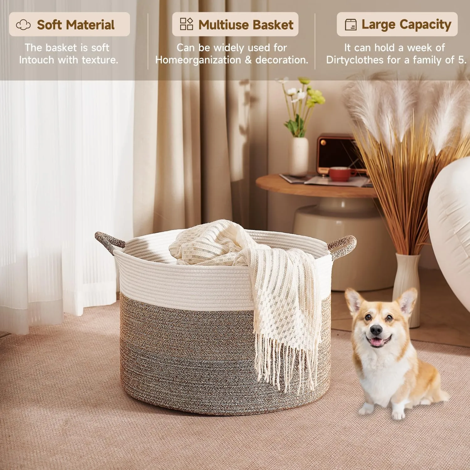 CLHMILY&Z Round Cotton Rope Storage Basket - 22x14.2 Inches - Stylish Nursery Storage Bin, Baby Toy Organizer, Soft Cotton Basket for Home Decor, Multi-Purpose Storage Solution