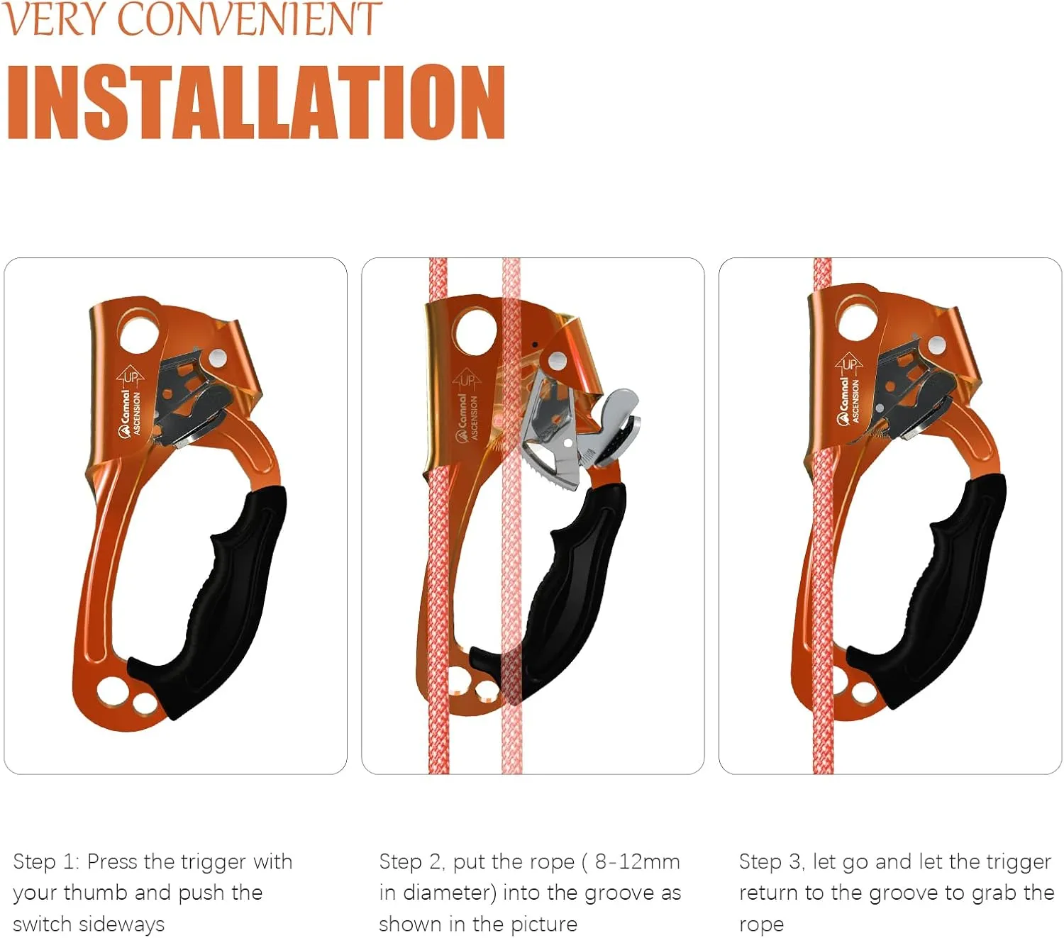 Climbing Ascender UIAA & CE Certified Hand Ascender, Rope Ascender with Ergonomic Rubber Handle, Suit for 8~13mm Ropes