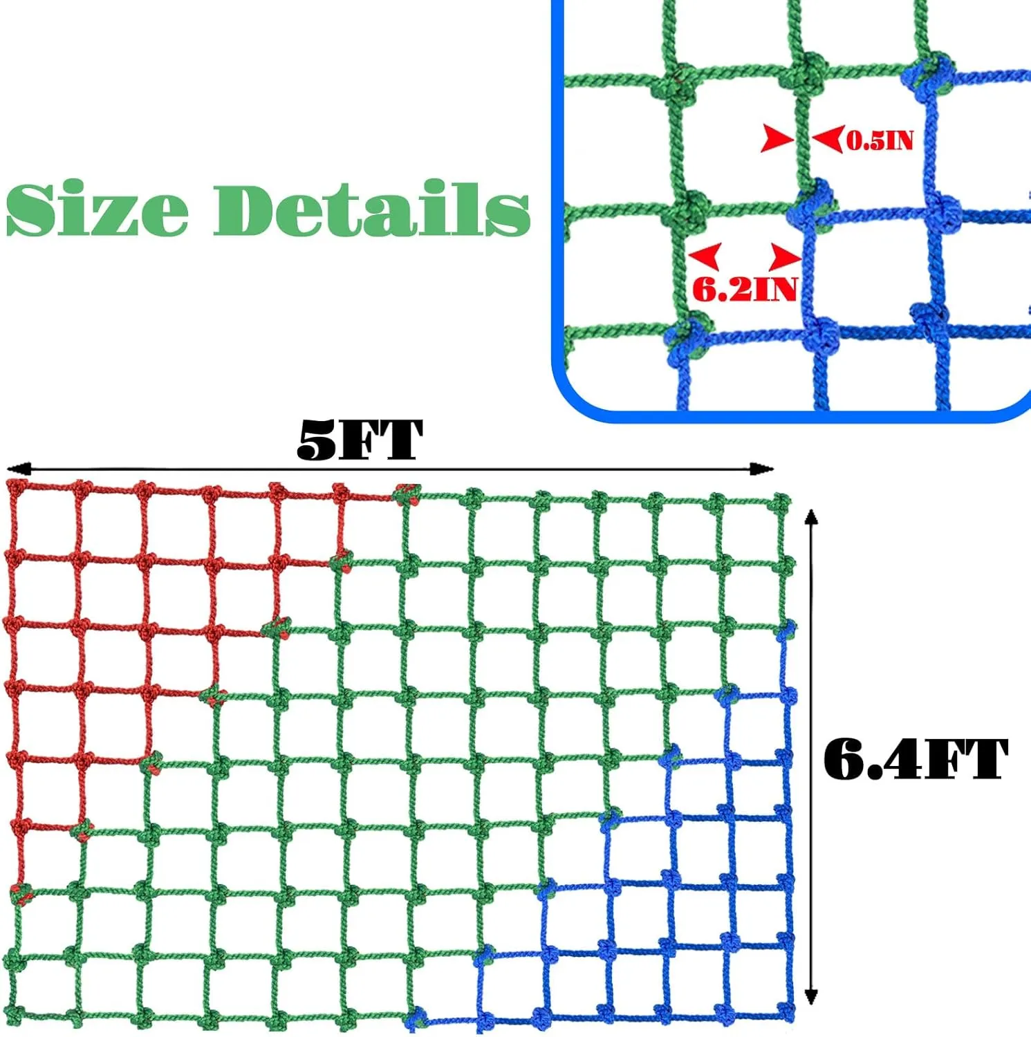 Climbing Cargo Net Climbing Net for Kids Outdoor Spliced with 3 Colors Kids Outdoor Play Equipment Rope Ladder Jungle Gyms Playground Swingset Treehouse Obstacle Training (5×6.56FT)
