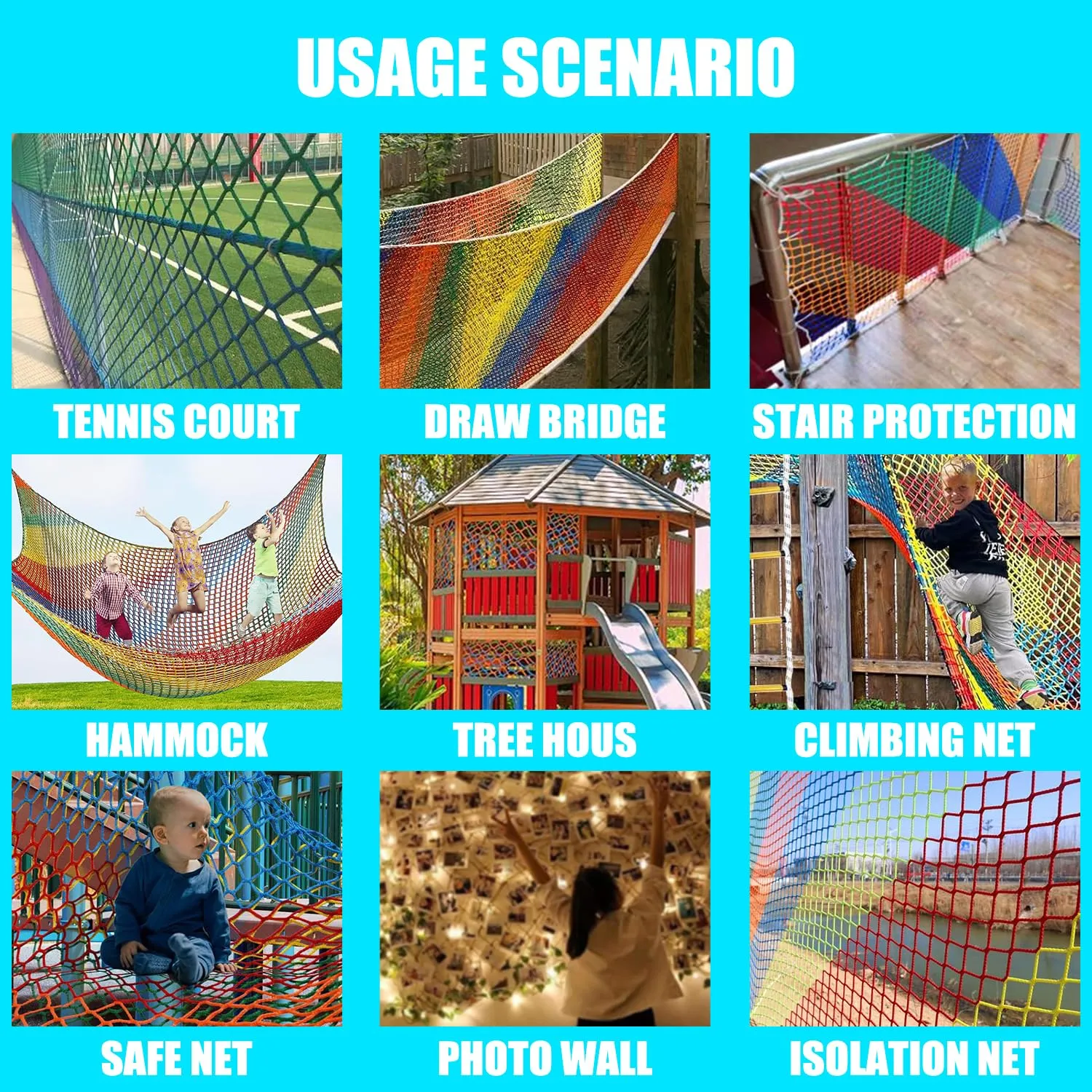 Climbing Cargo Net for Kids Outdoor Balcony Safety Net Rope Netting Playground Climbing Net Stairway Railing Safety Net for Children Pets Toys Knotless Polyester Sports Netting