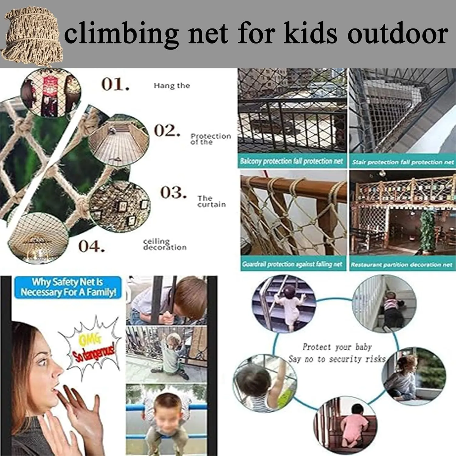 Climbing Cargo Net - Knotless Polyester Safety Netting for Treehouse Accessories, Playground Stairs, Outdoor Adventures, 3x23FT / 1x7M - Durable Cargo Rope for ' Safety