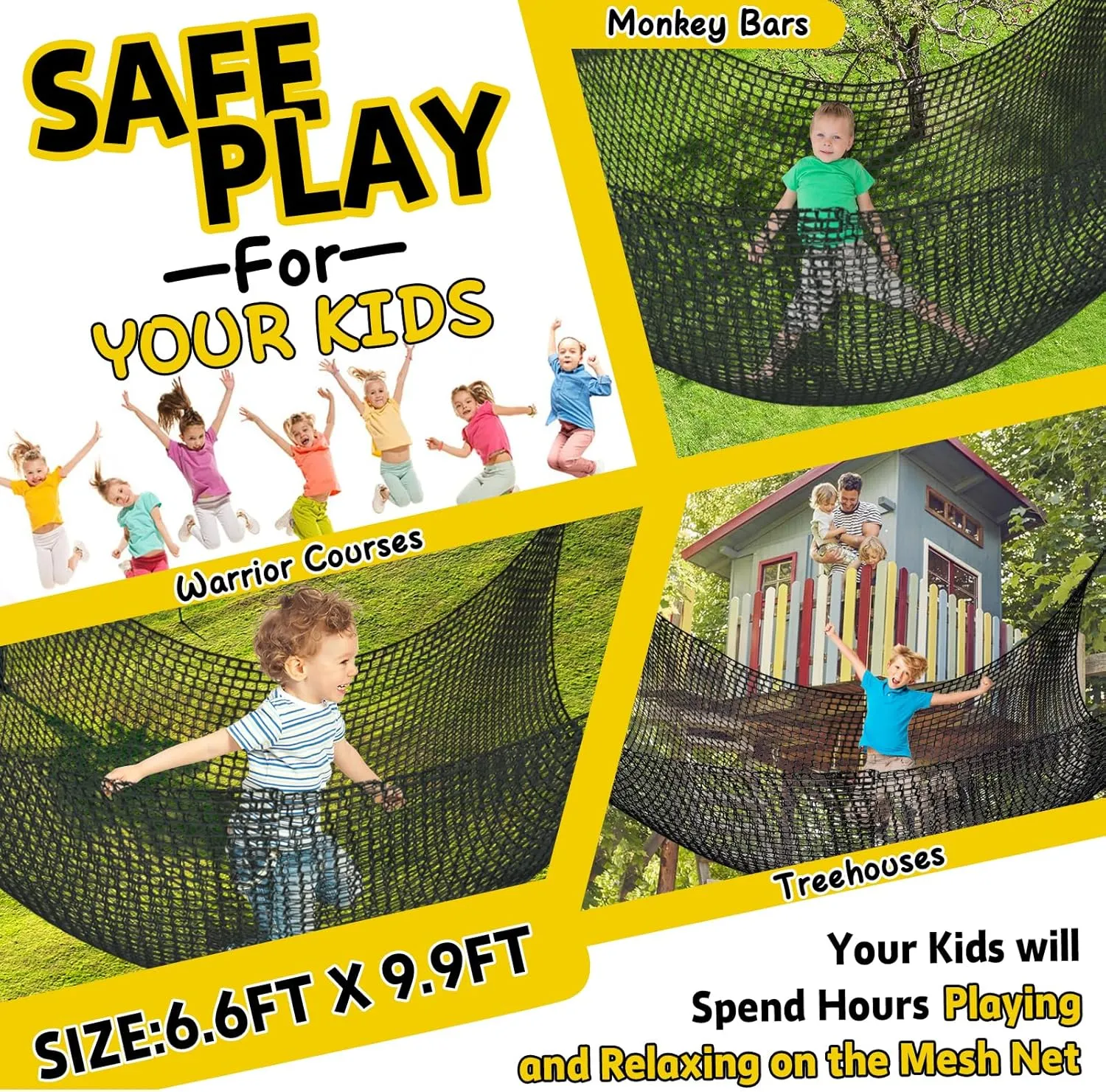 Climbing Net for Kids - 9.9FT x 6.6FT Double Layers Heavy Duty Playground Safety Net, Climbing Cargo Net for Tree House Tree Fort, Back Yard, Jungle Gyms, Monkey Bar Security Mesh（Black）