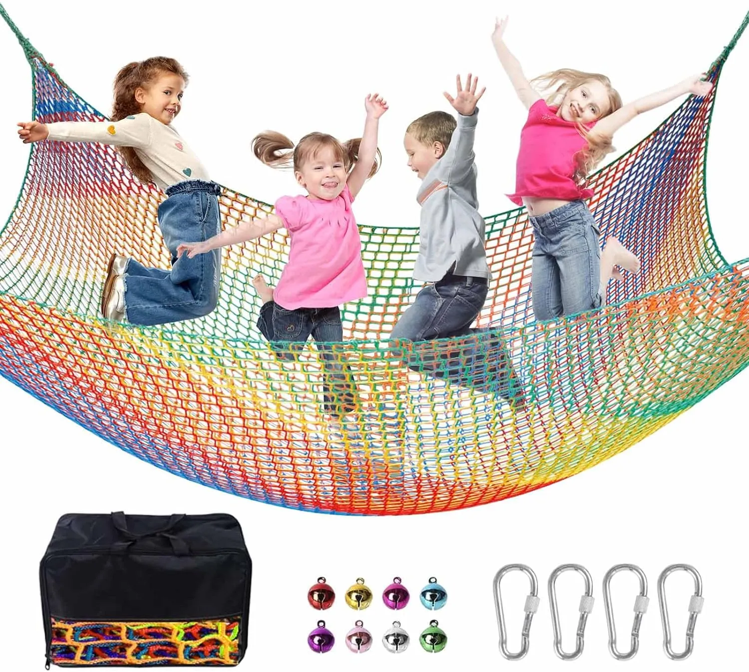 Climbing Net for Kids - 9.9FT x 6.6FT Double Layers Heavy Duty Playground Safety Net, Climbing Cargo Net for Tree House Tree Fort, Back Yard, Jungle Gyms, Monkey Bar Security Mesh（Rainbow）