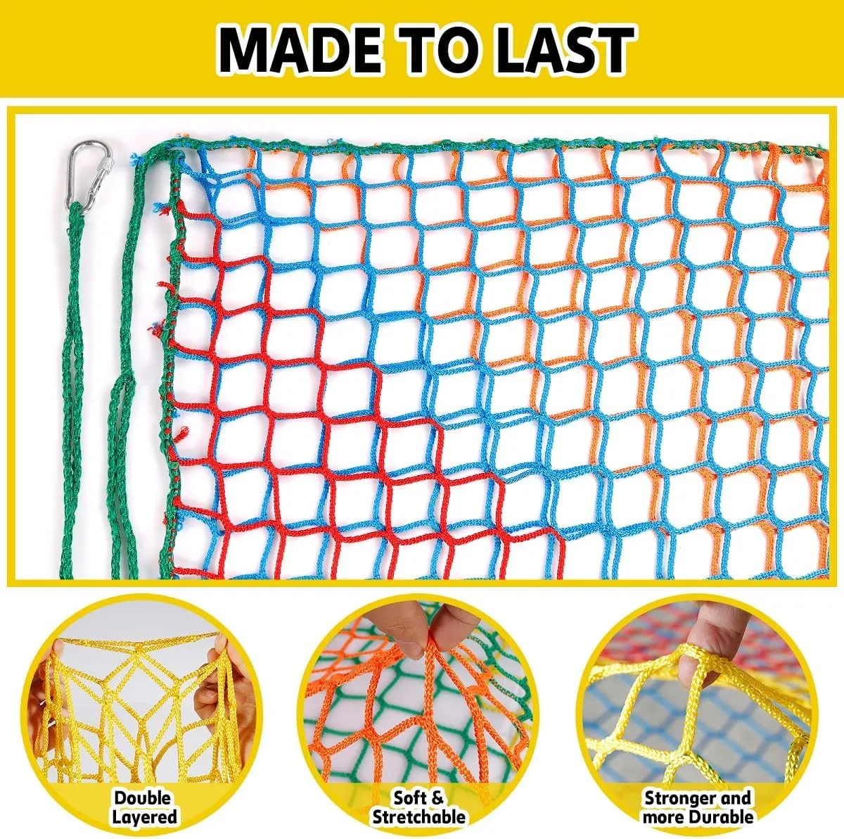 Climbing Net for Kids - 9.9FT x 6.6FT Double Layers Heavy Duty Playground Safety Net, Climbing Cargo Net for Tree House Tree Fort, Back Yard, Jungle Gyms, Monkey Bar Security Mesh（Rainbow）