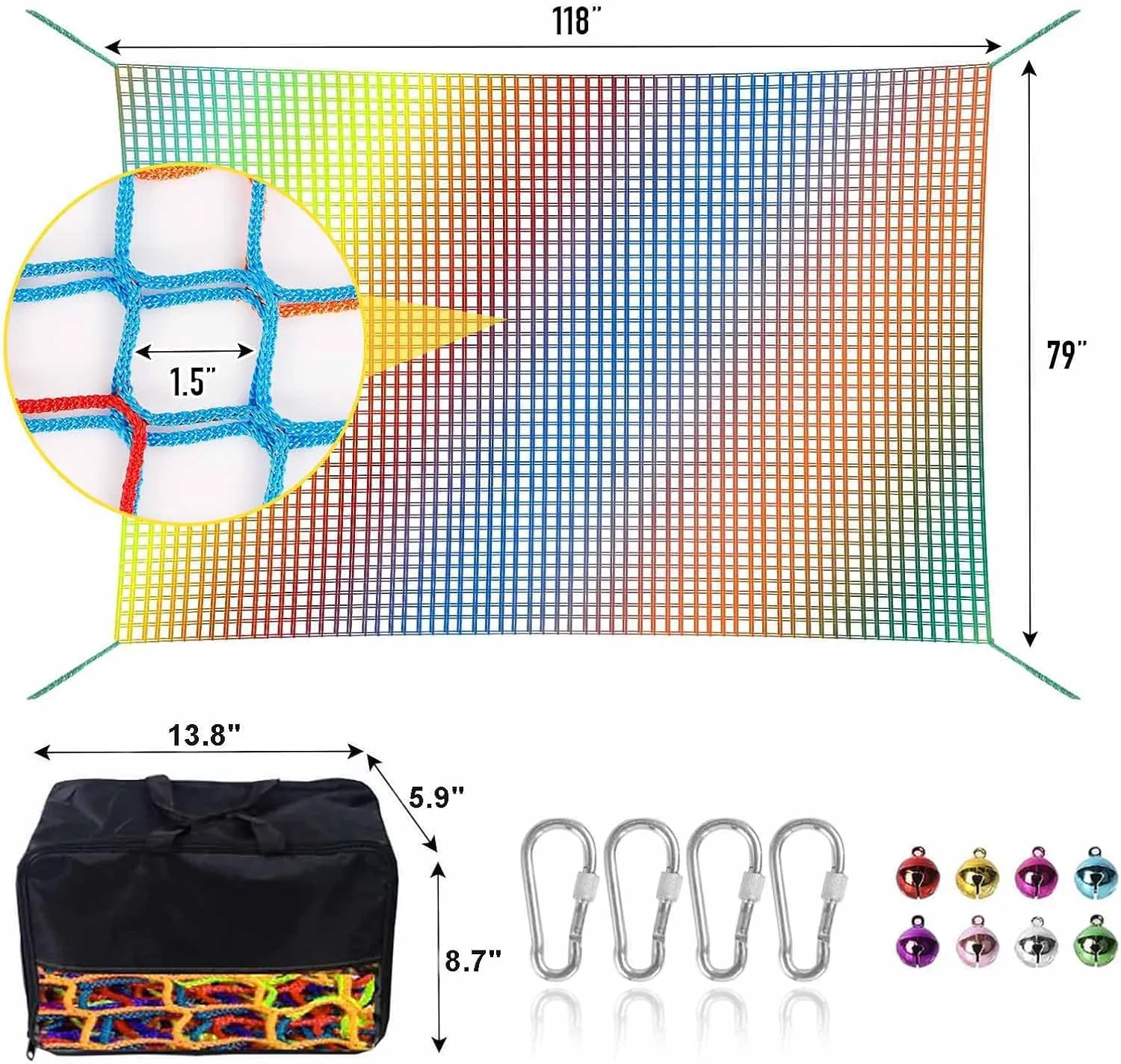 Climbing Net for Kids - 9.9FT x 6.6FT Double Layers Heavy Duty Playground Safety Net, Climbing Cargo Net for Tree House Tree Fort, Back Yard, Jungle Gyms, Monkey Bar Security Mesh（Rainbow）