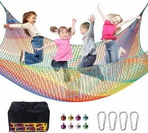 Climbing Net for Kids - 9.9FT x 6.6FT Double Layers Heavy Duty Playground Safety Net, Climbing Cargo Net for Tree House Tree Fort, Back Yard, Jungle Gyms, Monkey Bar Security Mesh（Rainbow）