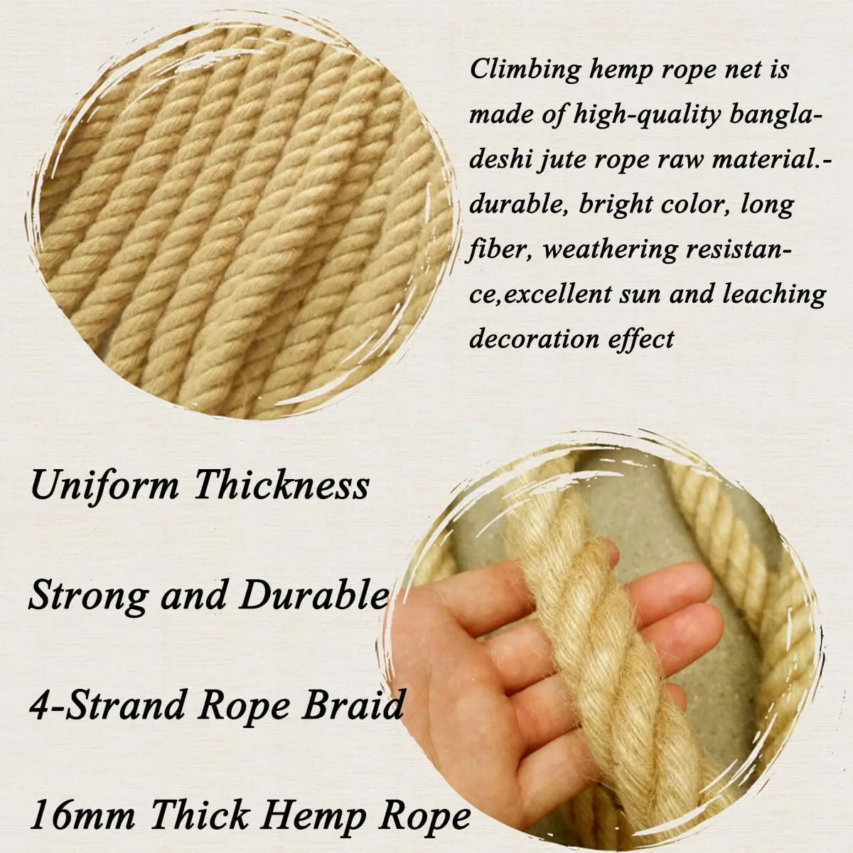 Climbing Net for Kids and Adults,16mm Thick Jute Hemp Rope Nets,Playground Play Climbing Net,Outdoor Treehouse Rope Ladder Hammock,Heavy Duty Large Military Climbing Net for Outdoor(Size:2mx4m)
