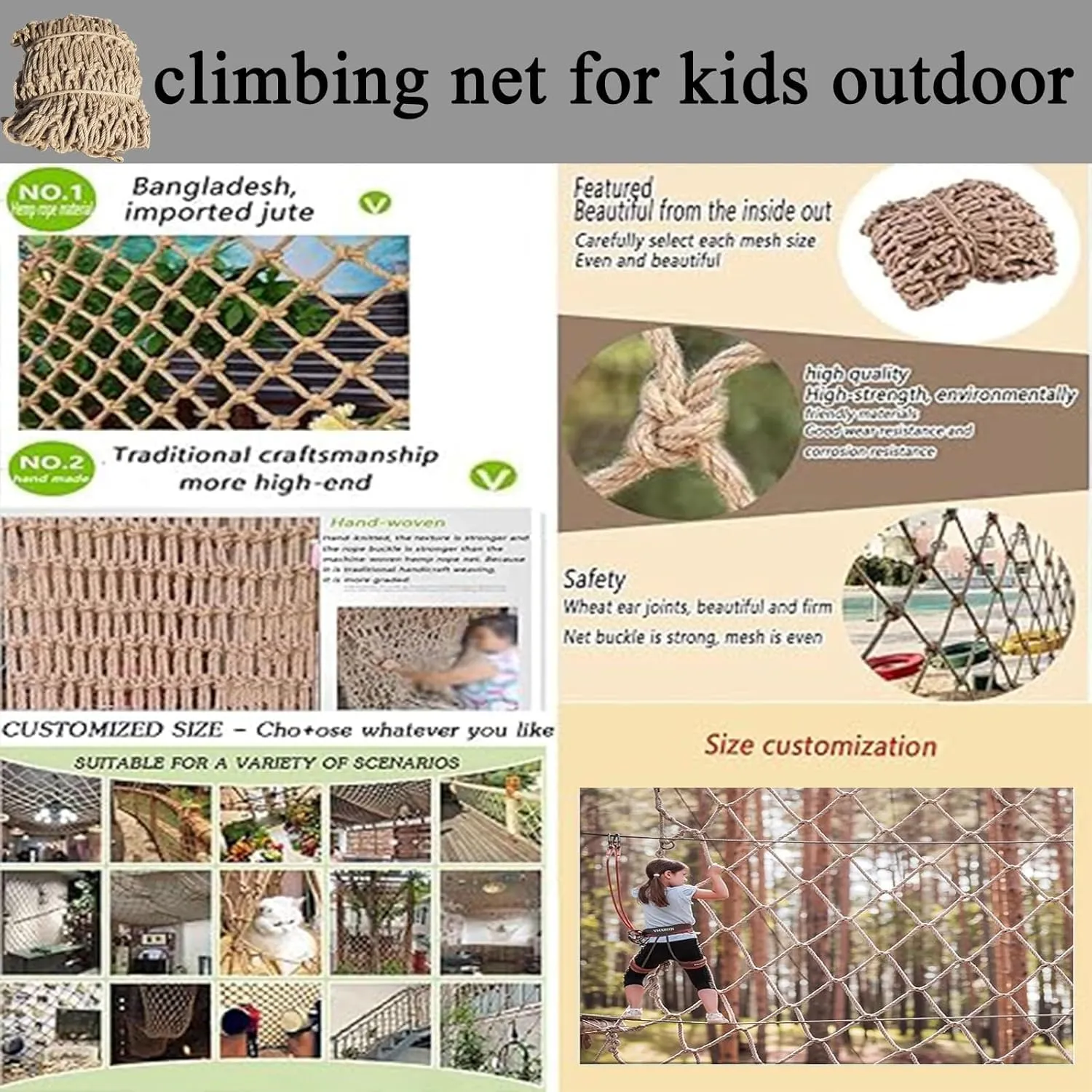 Climbing Net - Heavy-Duty Double Layer Hemp Rope Netting for Playground, Treehouse Accessories, Durable Polyester, Jute Adventure Climbing Nets(3x23FT/1x7(M))